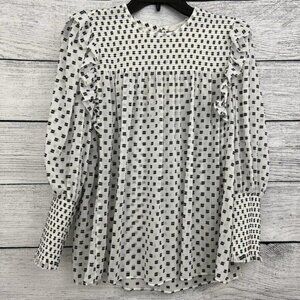 Joie Long Sleeve Smocked Ruffle Geometric Print Blouse Size S